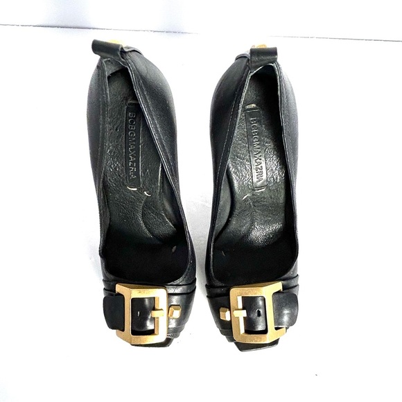 BCBG MAXAZRIA Black Buckle Studded Peep Toe Leather Heels Stiletto Shoes 7.5 B - Picture 5 of 13